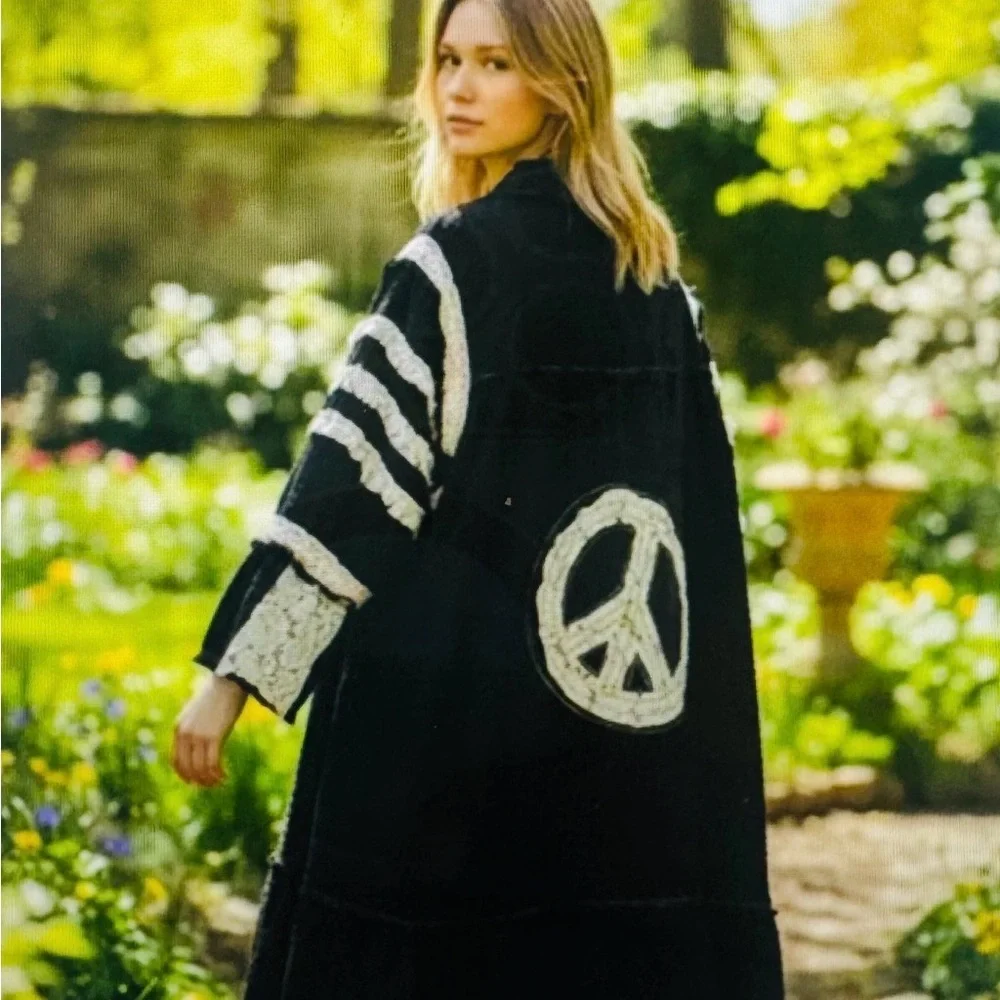POL Black & Crème Duster Lace Patchwork Peace signs - Picture 1 of 5
